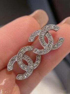 Authentic Pre-Loved Chanel Silver Tone Crystal Interlocking CC Stud Earrings